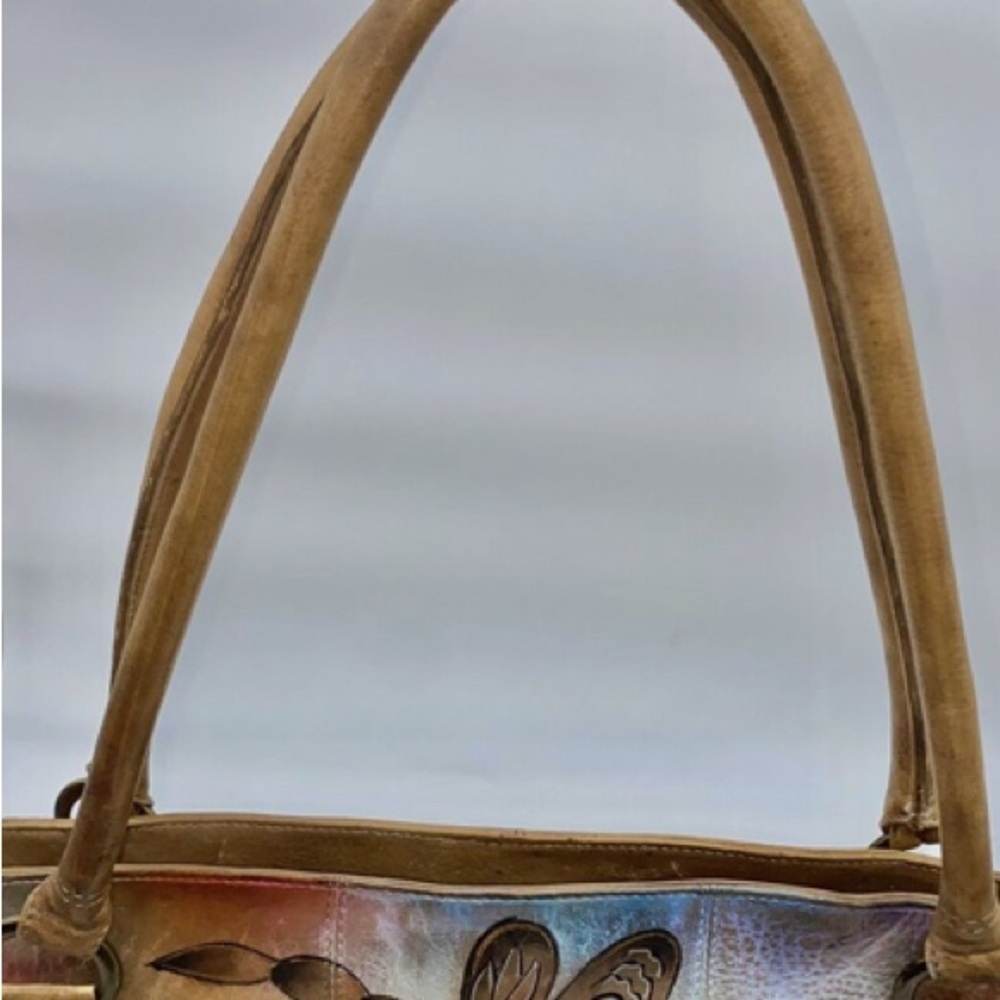 VTG Anuschka Hand Paint Flower Butterflies Leather Double Strap HandBag Satchel - Picture 11 of 12